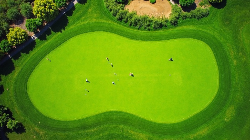 An overhead image of a golf course fairway with golf balls near different holes, seen from above.